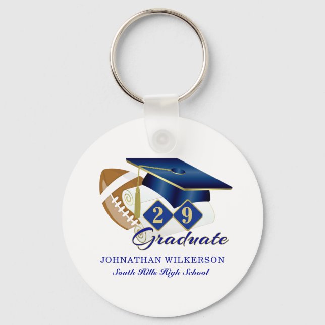 Blue Graduation Cap Football Personalized Keychain (Front)