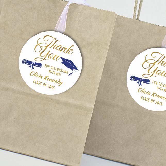Blue Graduation Cap Gold Thank You Script Favor Classic Round Sticker (Creator Uploaded)