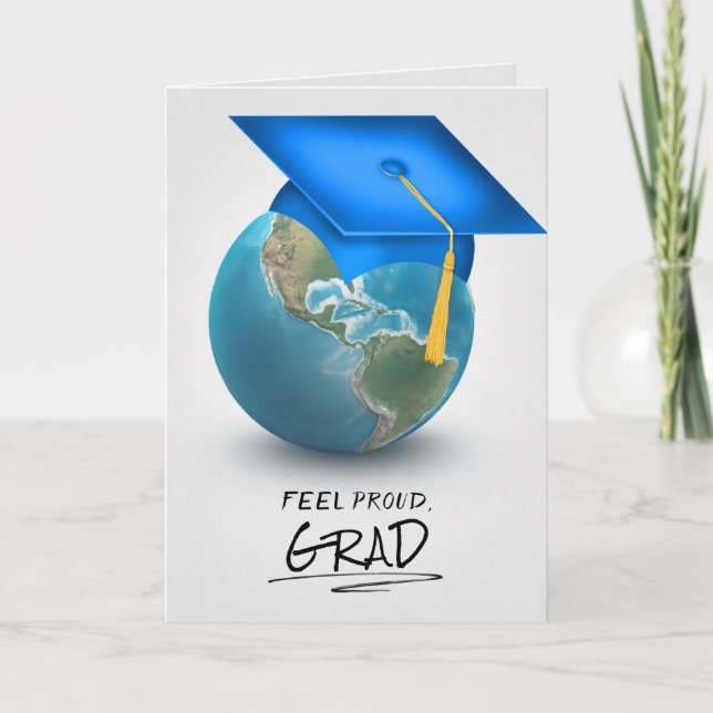 blue graduation cap on globe card (Front)