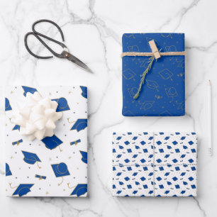 Blue Graduation Cap Toss Wrapping Paper Sheet