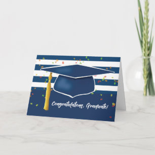 Blue Graduation Cap with Stripes and Confetti Card