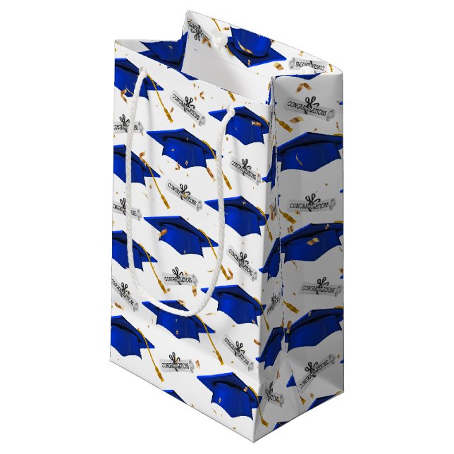 Blue Graduation Caps with Diplomas Small Gift Bag (Front Angled)