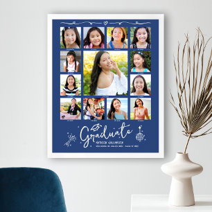 Blue Graduation K–12 Photo Collage White Doodles Poster