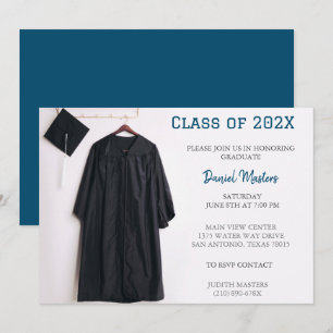 Blue Graduation Party cap and gown invitation