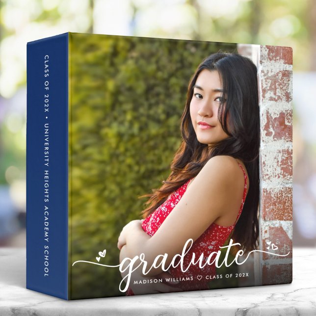 Blue Graduation Photo Album Stylish Script Hearts  Binder (Creator Uploaded)