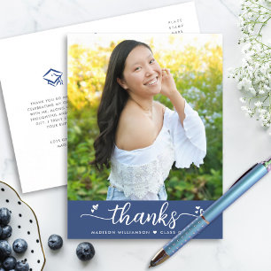 Blue Graduation Photo Chic Script Hearts Thank You Postcard