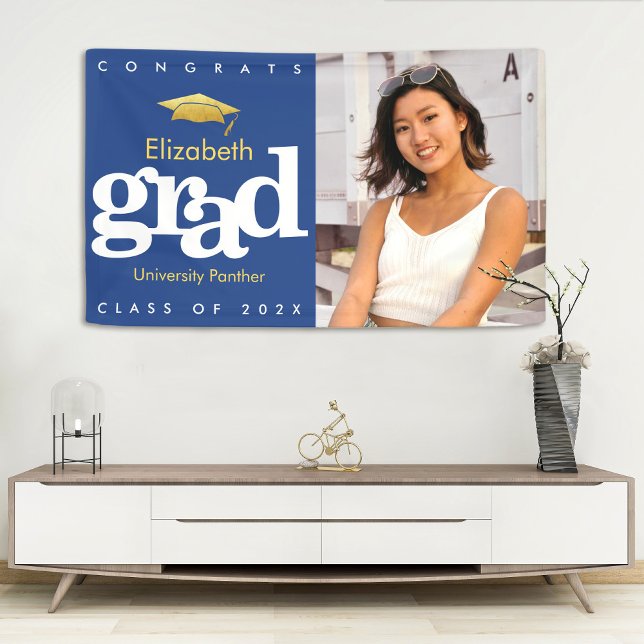 Blue graduation photo gold cap simple bold modern banner (Creator Uploaded)