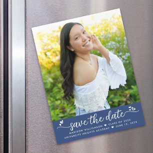 Blue Graduation Photo Save Date Script Hearts Bold Magnetic Invitation