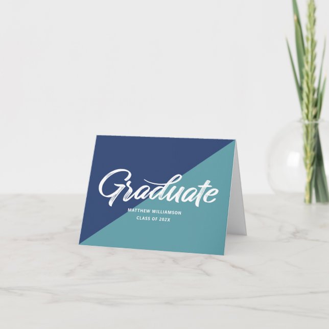 Blue Graduation Retro Bold Script Cap Icon Minimal Thank You Card (Front)