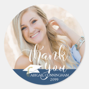 Blue Graduation Script Photo Thank You  Class Year Classic Round Sticker