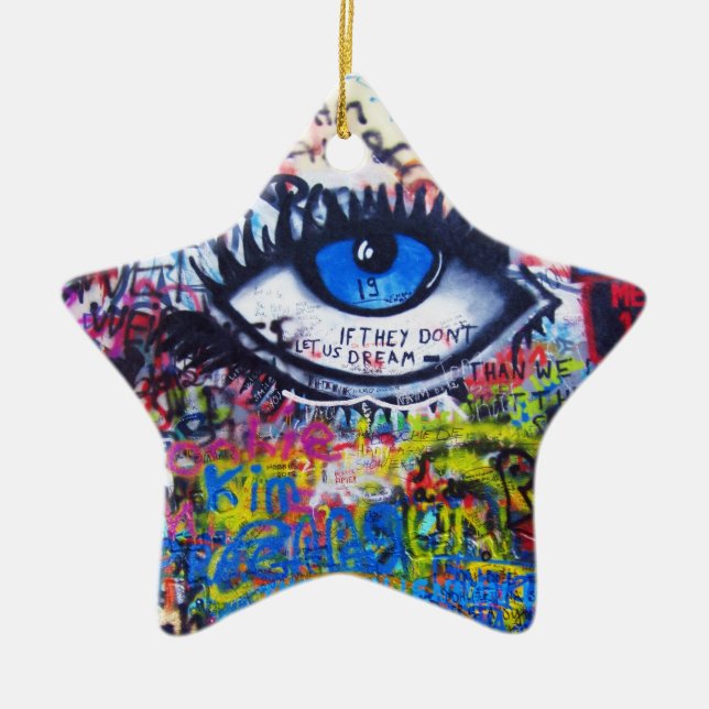 Blue graffiti evil eye ceramic ornament (Front)