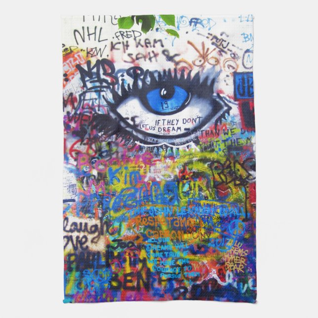 Blue graffiti evil eye kitchen towel (Vertical)