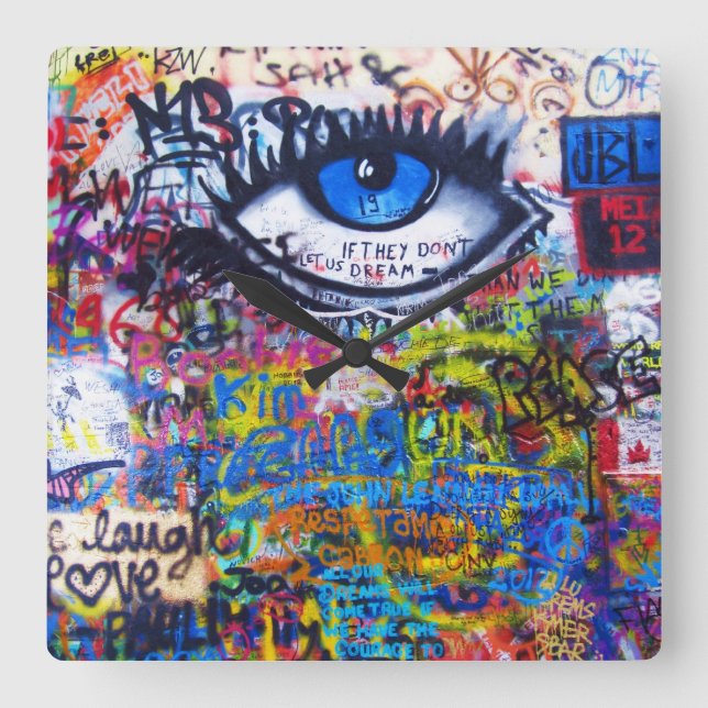 Blue graffiti evil eye square wall clock (Front)