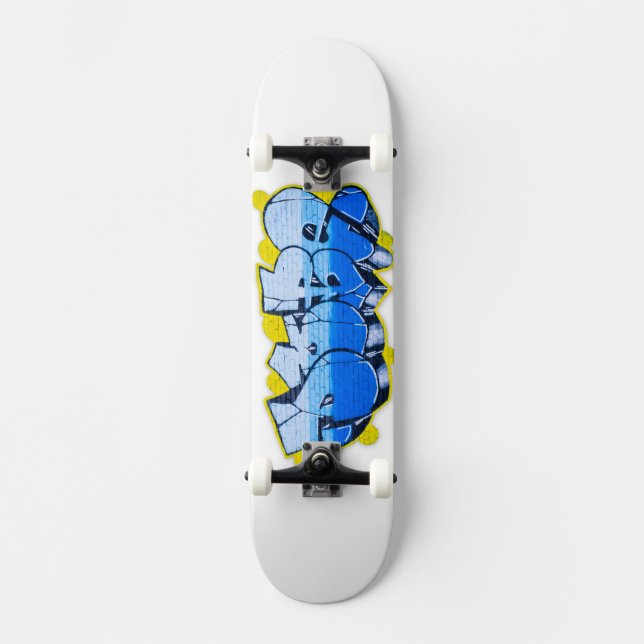 Blue graffiti on a brick wall skateboard (Front)
