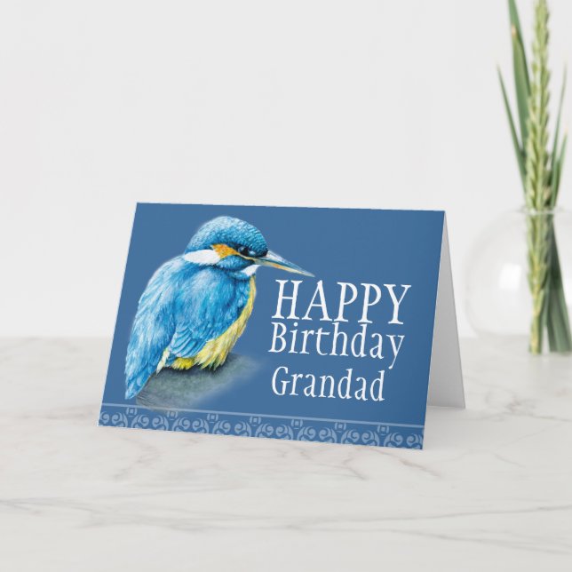 Blue Grandad bird fine art painted birthday card (Front)
