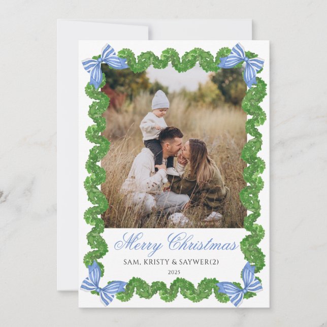 Blue Grandmillennial Family Photo Christmas Card (Front)