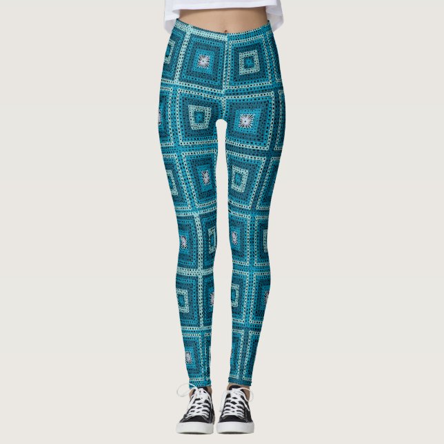 Blue Granny Square Pattern Leggings (Front)