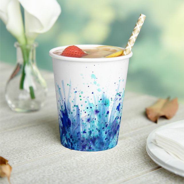 Blue grass splashed watercolor art wedding cups (Insitu)