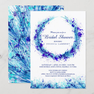 Blue grass watercolor splash bridal shower invites