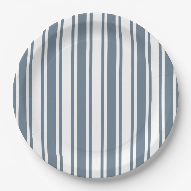 Blue-gray and white candy stripes paper plate (Front)