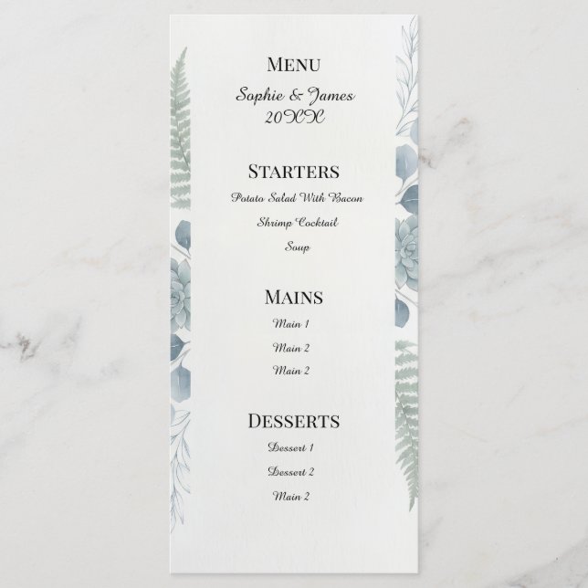 Blue Gray Botanical Wedding Menu (Front)