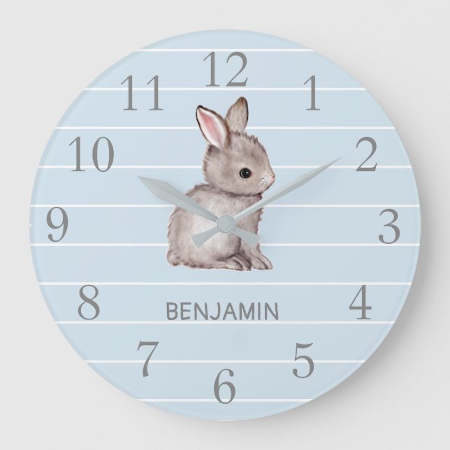 Blue Gray Bunny Nursery Decor Wall Clock (Front)