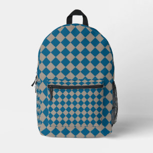 Blue Gray Checker Diamond Pattern Printed Backpack