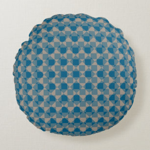 Blue Gray Checker Diamond Plaid Pattern Round Pillow
