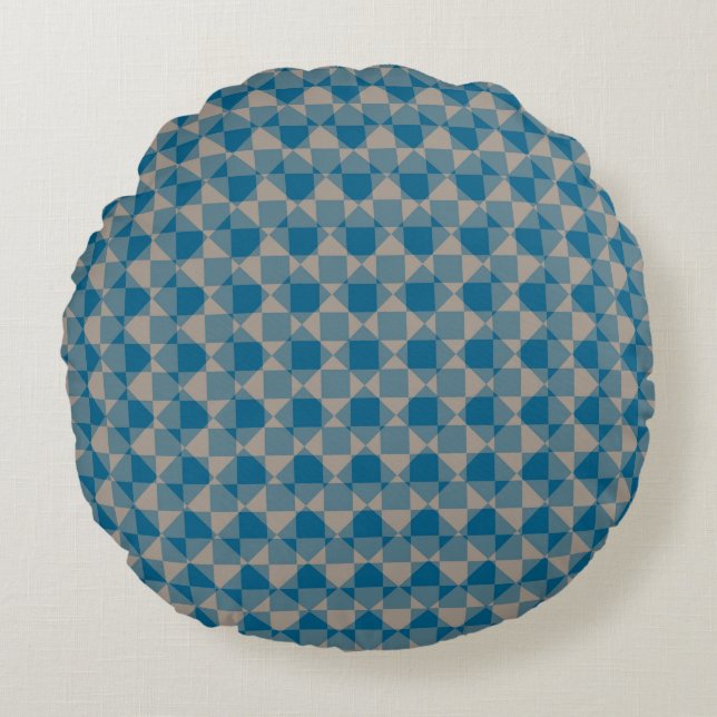 Blue Gray Checker Diamond Plaid Pattern Round Pillow (Front)