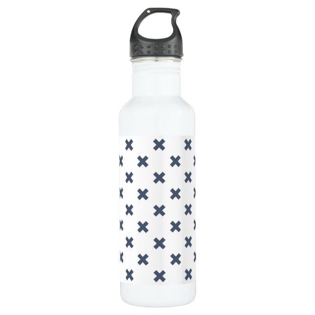 Blue-gray cross stitches on white 710 ml water bottle (Front)