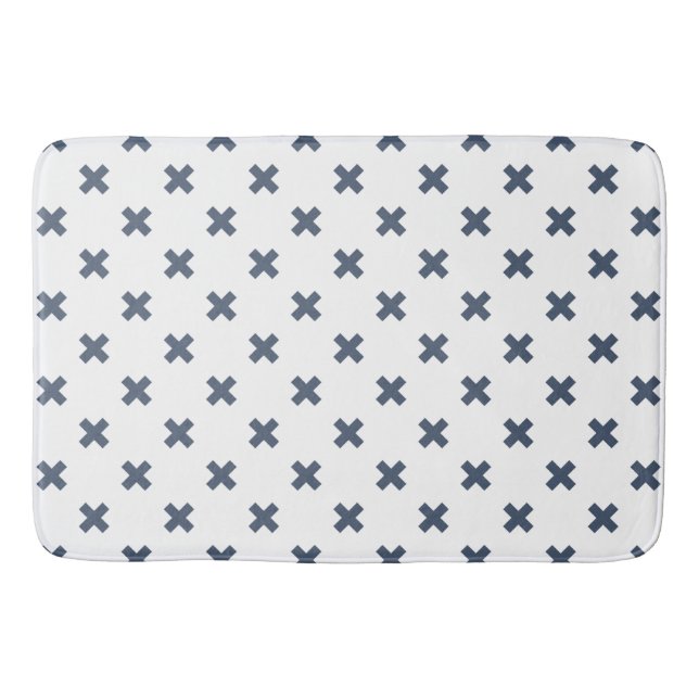 Blue-gray cross stitches on white bath mat (Front)