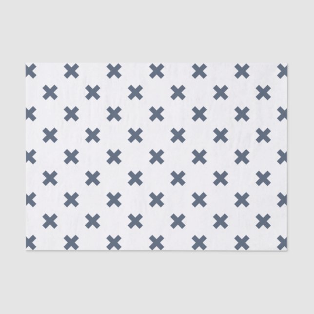 Blue-gray cross stitches on white tissue paper (Front)