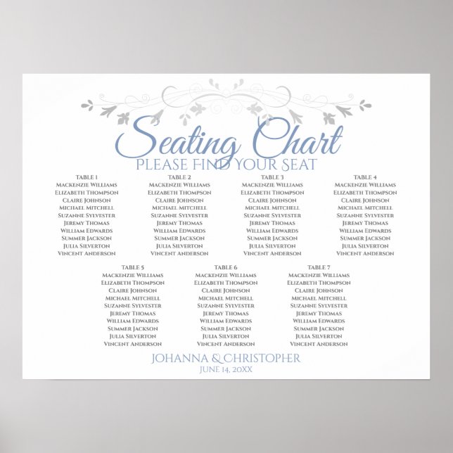Blue & Gray Elegant 7 Table Wedding Seating Chart (Front)