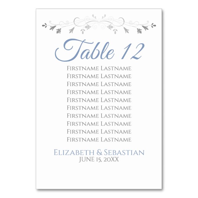 Blue & Gray Elegant Flourish Wedding Seating Chart Table Number (Back)