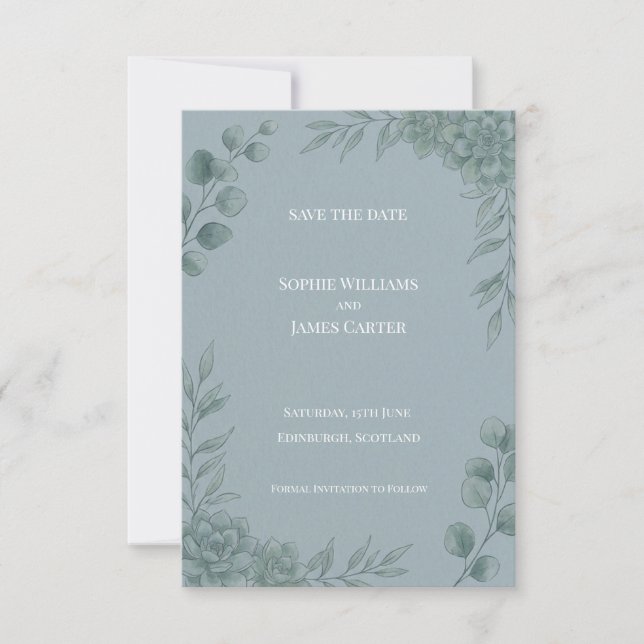 Blue Gray Eucalyptus Save The Date Card (Front)