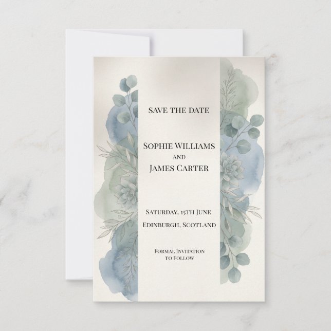 Blue Gray Eucalyptus Save The Date Card (Front)