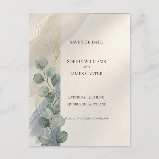 Blue Gray Eucalyptus Save The Date Postcard (Front)
