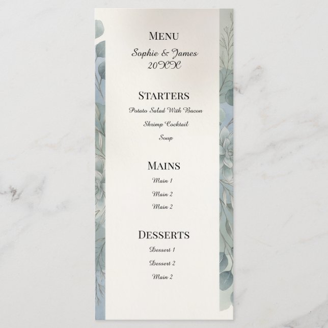 Blue Gray Eucalyptus Wedding Menu (Front)