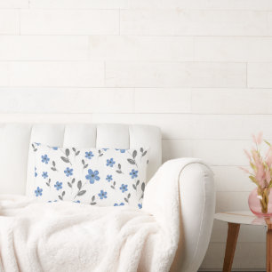 Blue Gray Five Petal Watercolor Flower Pattern Lumbar Pillow