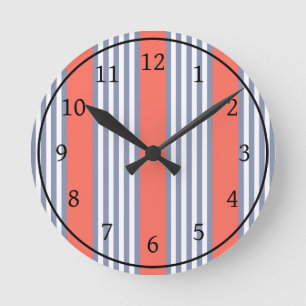 Blue-gray five stripe pattern with living coral round clock