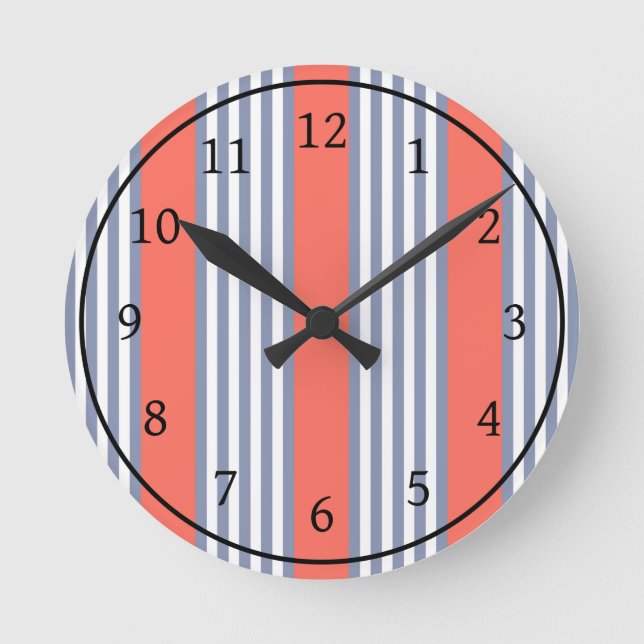 Blue-gray five stripe pattern with living coral round clock (Front)