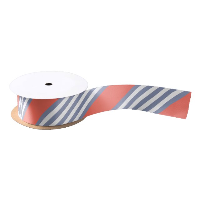 Blue-gray five stripe pattern with living coral satin ribbon (Spool)