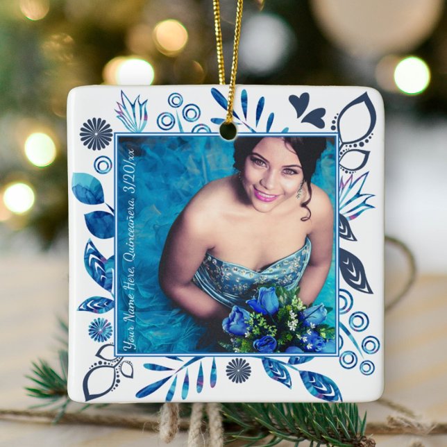 Blue, Gray Floral Border Christmas Photo Ornament (royal blue quinceanera photo tree ornament frame keepsake floral flowers leaves photo frame gift)