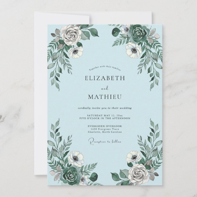 Blue Gray Floral Romance Wedding Invitation (Front)
