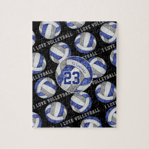 blue gray girls I love volleyball personalized Jigsaw Puzzle