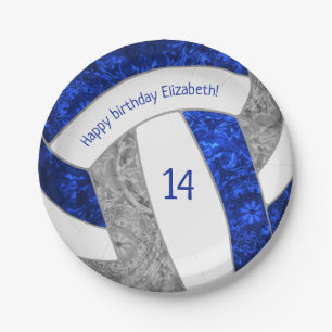 blue gray girly volleyball birthday party paper plate