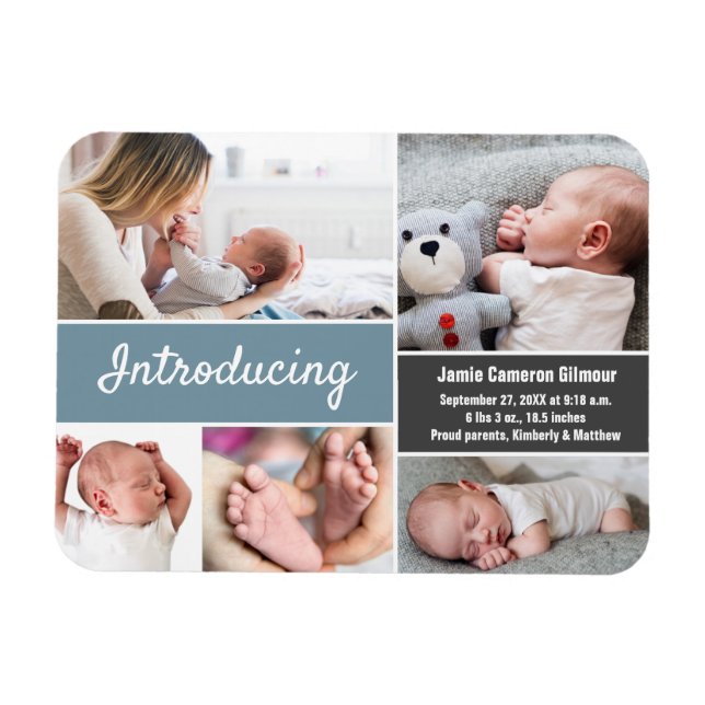 Blue gray Introducing baby boy photo collage Magnet (Horizontal)