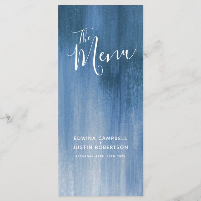Blue gray modern graded art wedding menu rack pack (Front)