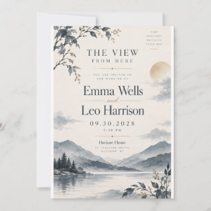 Blue Gray Mountain Lake Wedding Invitation