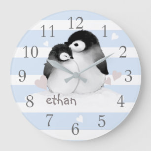 Blue Gray Stripes Penguin Nursery Wall Clock